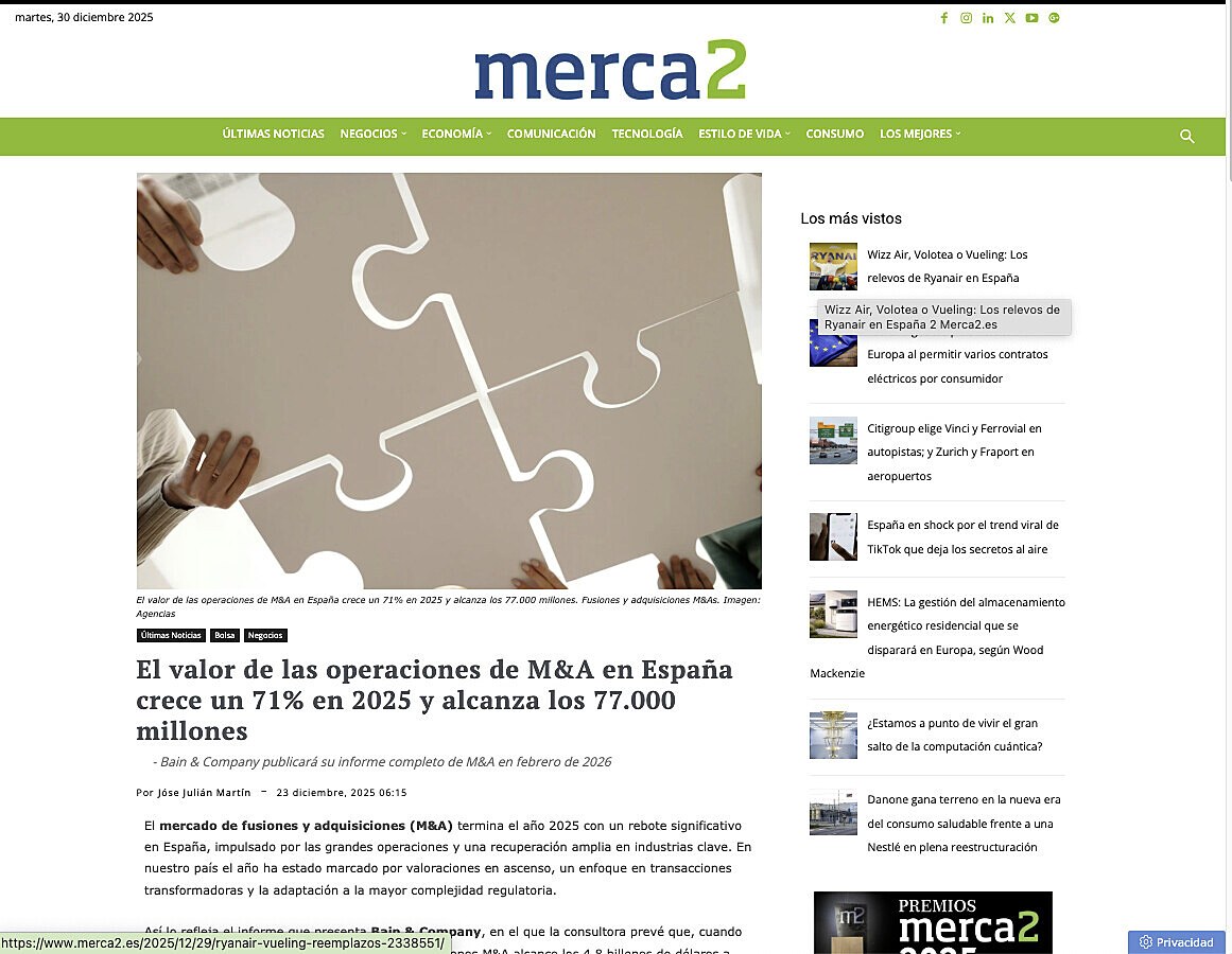 El valor de las operaciones de M&A en Espa�a crece un 71% en 2025 y alcanza los 77.000 millones